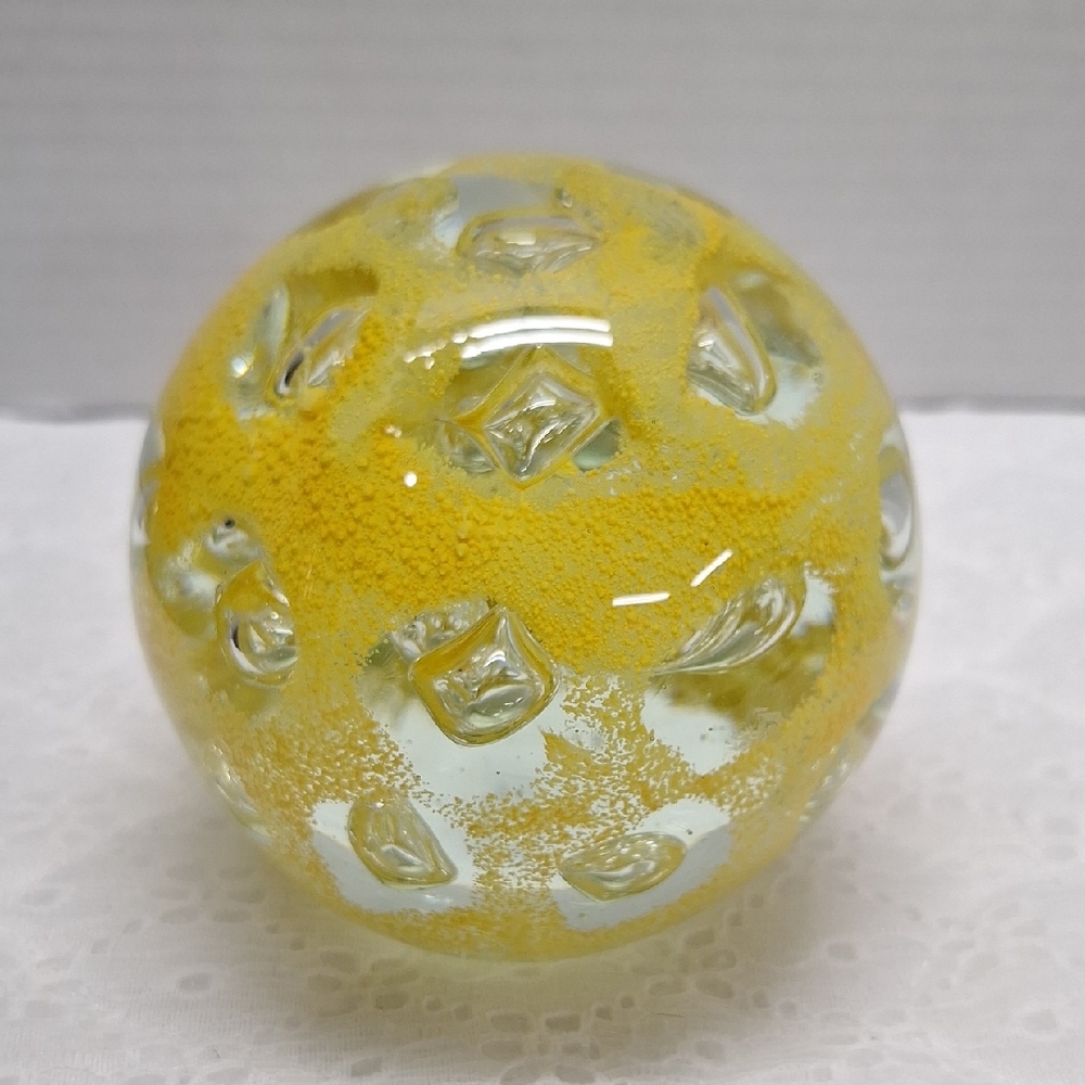 #ACL Clear & Yellow Glass Art Sphere Paperweight